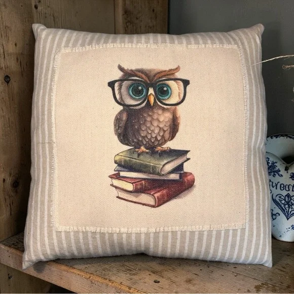 Set of 2 Throw Pillows Oscar & Ollie Owl W/ Glasses & Book 10in x 10in New - Picture 7 of 11